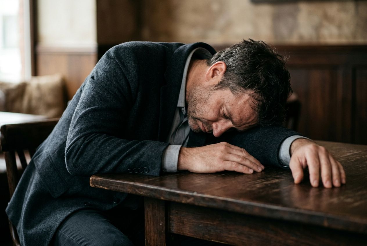 Капельница с Мильгаммой — мужчина опустил голову на стол